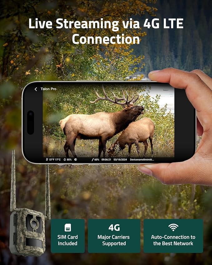 True 4K 4G LTE Cellular Hunting Camera Outdoor +Battery Pack+6W Solar Panel, 0.2s Trigger Speed, Game or Trail Camera with GPS, Non-Glow IR, SIM Card, Motion Capture, Talon Pro+BP-10+SP-10