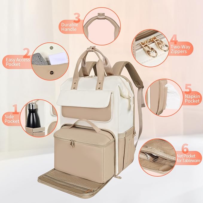 BERTASCHE Lunch Backpack for Women, 15.6 Inch Laptop Backpack with Insulated Cooler Lunch box, Nurse Backpack for Teacher Work Travel College Picnic, Khaki-Beige