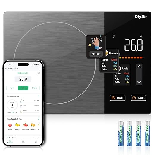 Diyife Smart Food Scale with Nutritional Calculator, Free App for 24 Nutrients Tracking, Calorie, Fat, Carb, Protein, 50 Foods Preload, Digital Food Kitchen Scale for Meal Prep Healthy Diet, 11lb/5kg