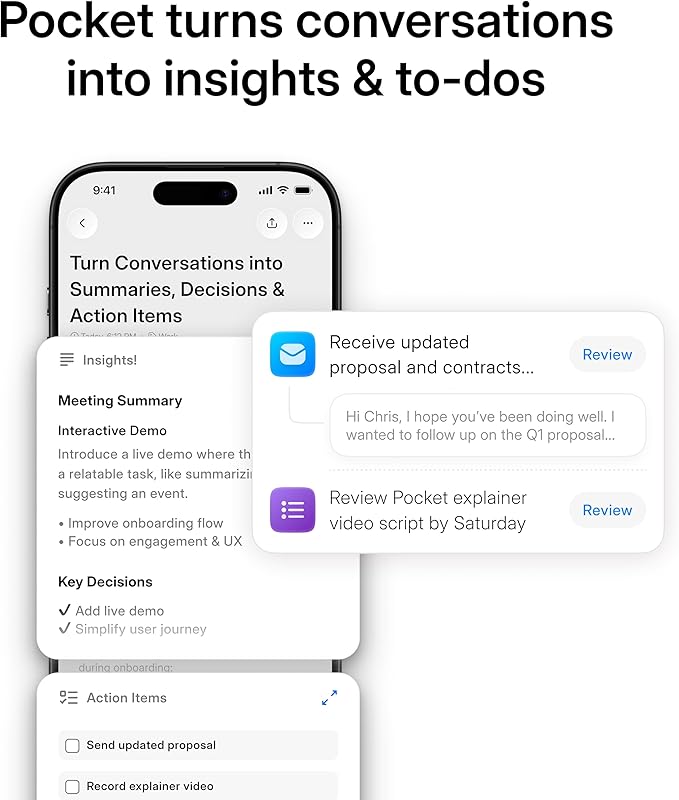 Pocket AI Voice Recorder & Smart Assistant – Auto Transcription, Summaries & Action Items – AI Note Taker for Meetings, Calls & Productivity - Space Grey