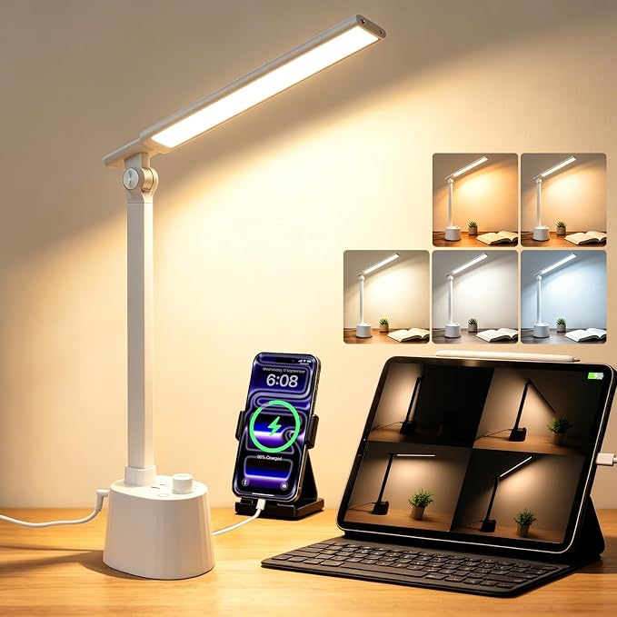 BOHON Small Desk Lamp with USB C Charging Port, Stepless Dimming 5 Colors Reading Light, Space-Saving Rotating Head Desk Lamp for Home Office, Dorm, Bedroom, White