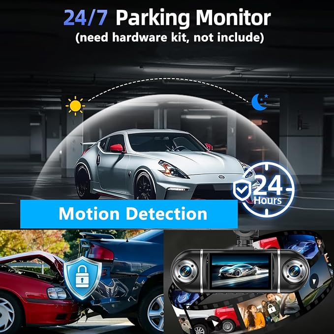 4 Channel Dash Cam Front and Rear Inside, 360° View 1080P Dash Camera for Cars, Super Night Vision, Gravity Sensor, Loop Recording, WDR, 24H Parking Mode, WiFi & APP Control, with 64GB Card