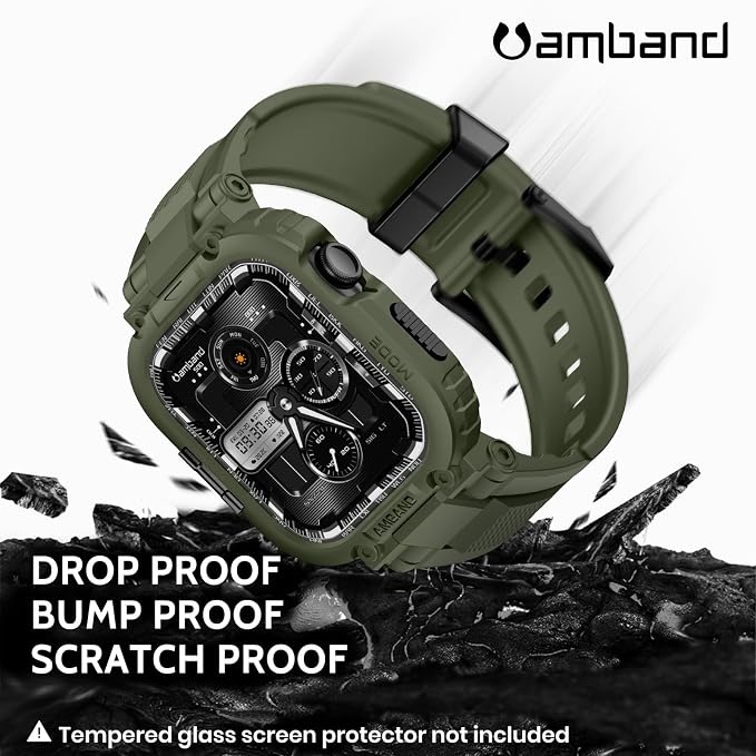 amBand for iWatch Series 11/10 46mm Band Case Men, M1 Sport Tactical Shockproof Wristband for Apple Watch 46 mm, Perfect for Fitness/Outdoor Enthusiasts Military Fans Fashion Seekers - Army Green