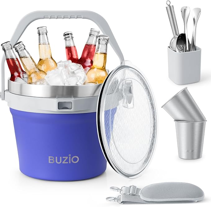BUZIO 7 L Insulated Ice Bucket with Lid and Shoulder Strap for Parties, Double Wall Vacuum Large Bucket with Scoop, Tongs and Stainless Steel 14 oz Cups for Cocktail Bar, Purple