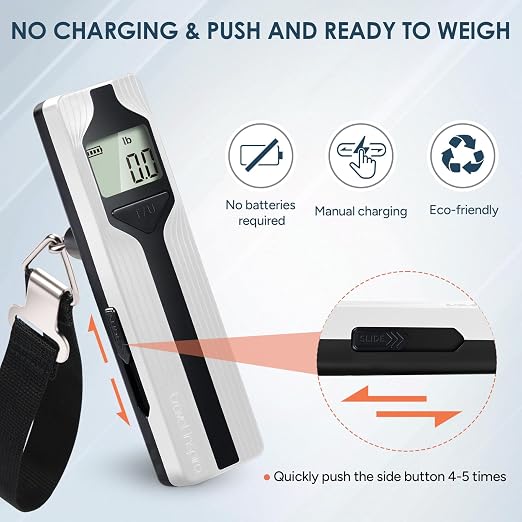 Battery-Free Luggage Scale – No Batteries Needed, Portable Digital Hanging Suitcase Weight Scale for Air Travel & Checked Bags, 110lb/50kg, LCD Display, Compact Travel Accessory
