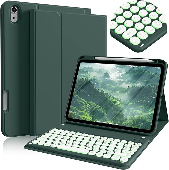 Case for iPad Air 11-inch M4/M3/M2 (2026/2025/2024), with Pencil Holder for iPad Air 7th 6th 11"/Air 5th 4th Gen 10.9 inch Case with Backlit Detachable Bluetooth Keyboard, Dark Green