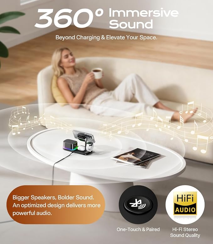 Meifigno 25W 5 in 1 Charging Station for Galaxy S26 Ultra with Bluetooth Speaker/Alarm Clock/Night Light, Qi2.2 Fast Magnetic Wireless Charger with 45W Adapter for S26/Z Fold7, for Galaxy Watch 8/Buds