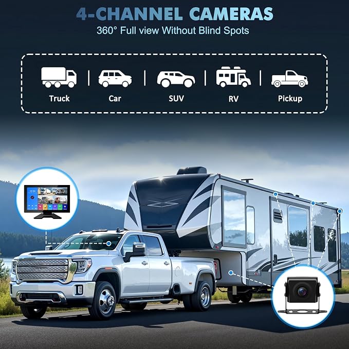 4 Channel Backup Camera Dash Cam 10.1" 1080p IP69 Waterproof DVR Recording Playback rv Camera System Music Video Player for Trucks Semis RVs Trailers Vans SUVs Carsn