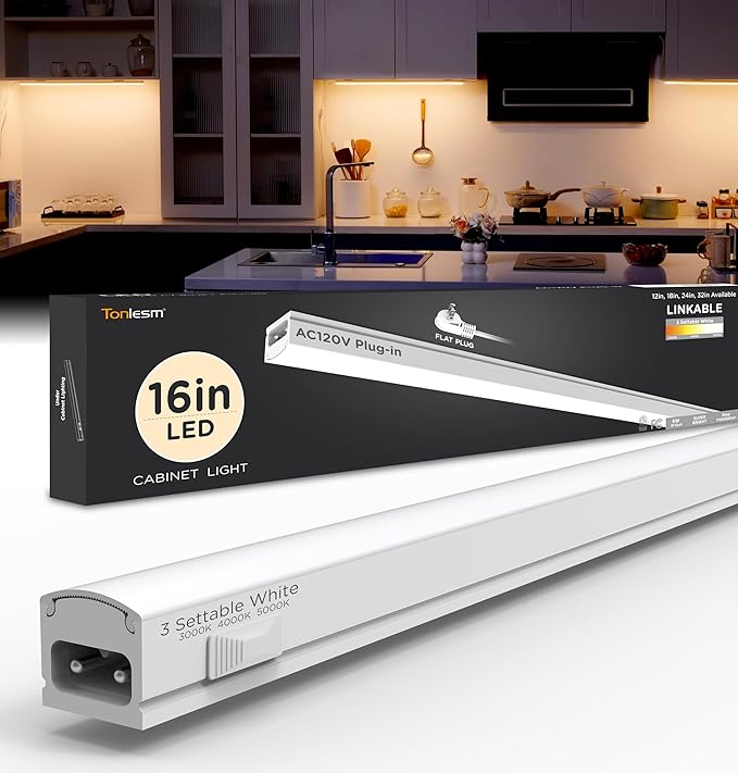 Under Cabinet Lighting Plug in 16in 1Pack AC120V 3CCT 3000/4000/5000K, Super Bright,Linkable Under Counter Lights for Kitchen, Ultra Slim LED Cabinet Light,ETL White