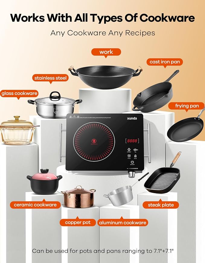 1800W Portable Electric Stove, 110v Electric Burner with Carry Handle Hot Plate, Ceramic Infrared Single Burner Cooktop, Touch & Knob Control Timer, Safety Lock (Black)