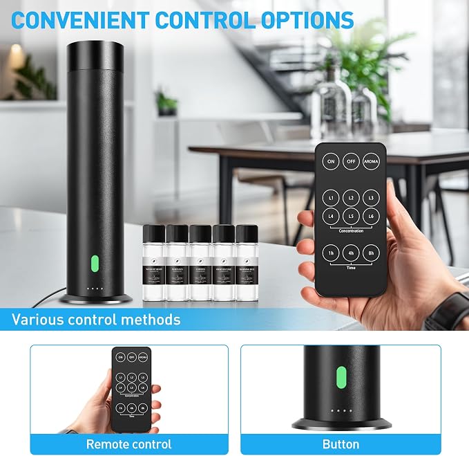 Waterless Scent Diffuser Starter Kit - 1000 Sq Ft Coverage, Hotel Scent Diffuser, Essential Oil Diffuser for Home & Large Room, Included 5 Scent Oils, Remote Control, Black, 11In