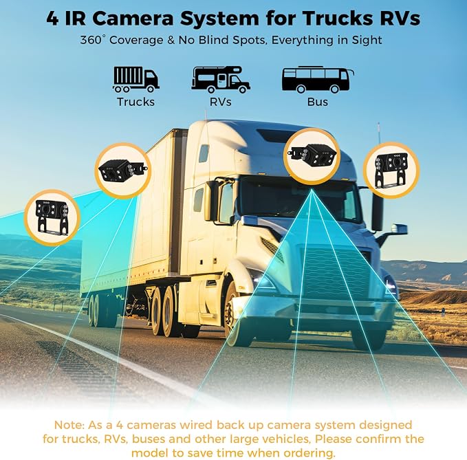 Truck RV Camera System with CarPlay & Android Auto,10.36'' Touch Screen with Recording & Voice Control & Navigation, 4 HD1080P IR Wired Rearview Backup Camera for Semi Trucks, RVs, Trailers