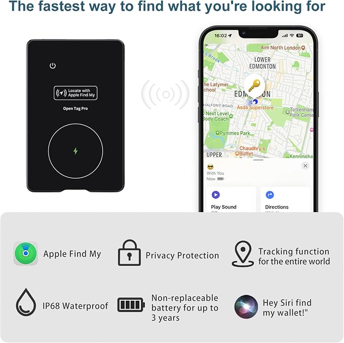 Smart GPS Location Card Holder, 3.5mm Ultra-Thin Aluminum Alloy Card Case, Black & Silver, Anti-Lost ID Card Holder for Credit Card, Passport, Student ID