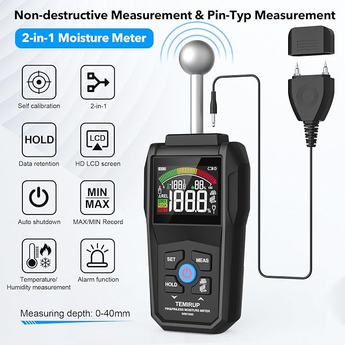 2-in-1 Pin & Pinless Moisture Meter, Digital Moisture Detector for Wood, Drywall & Building Materials, Large Color LCD Display, Acoustic Alarm, Calibration, Detects up to 20-40 mm Below Surface