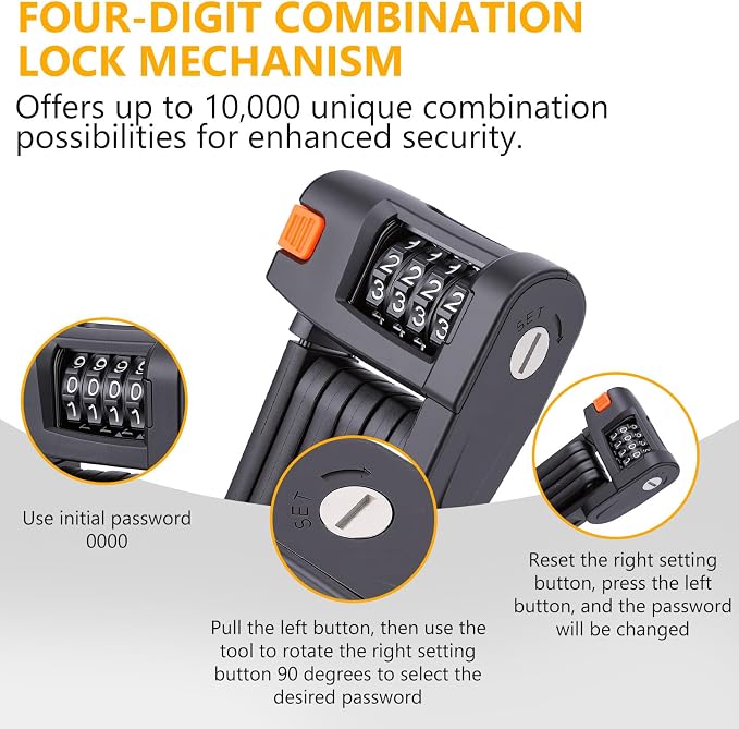 Folding Bike Lock, 4 Digit Combination High Security Anti Theft Lock, Compact Folding Bike Lock with Mount Bracket for Bikes, Scooters and Motorcycles