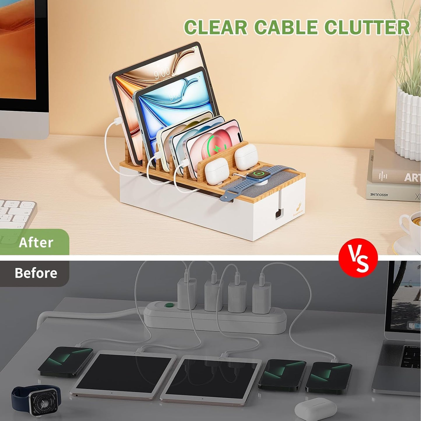 Pezin & Hulin Bamboo Cable Management Box, Wire Organizers for Cords, Charge Station Box, Desktop Dock Organizer Rack for Electronic Device (Include 6 Cables)(No Power Adapter) -Natural + White