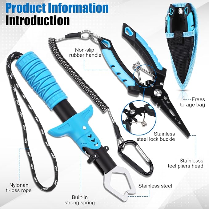 RoundFunny 13 Pcs Fishing Tool Kit, Fishing Pliers with Lanyard and Protective Sheaths, Fish Net, Fish Scaler Knife Fillet Mat, Digital Scale, Lip Gripper, Scissors Gloves Tape Storage Bag Dad Gifts