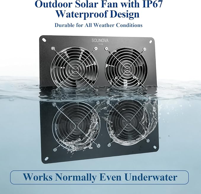 Solar Exhaust Fan, 25W Solar Powered 4-Fan with 7500mAh Battery, 4Pcs IP68 Waterproof Solar Fan, High Speed Solar Powered Exhaust Fan Kit with Bracket for Shed, Chicken Coop, Greenhouse, Dog House