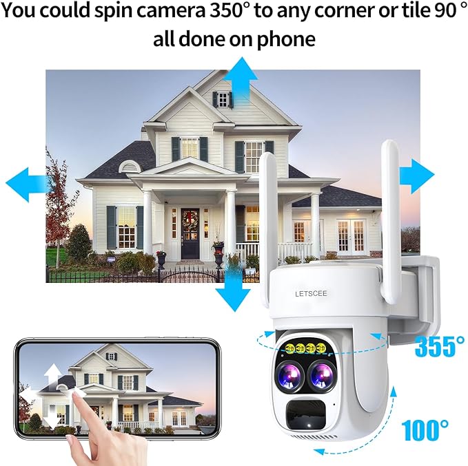 LETSCEE Security Cameras Wirelss Outdoor for Home Security, Alexa Cameras Solar Power,360 View Outside Camera,Motion Detection,10x Hybrid Zoom PAN Tile,IP-65 Weather Proof (1 Pack)