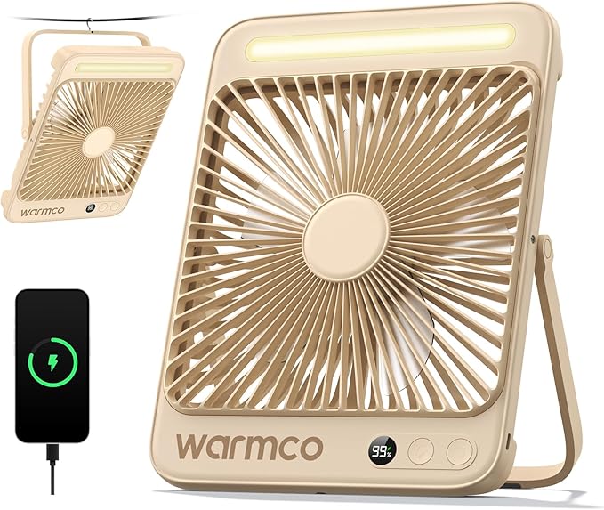 Warmco D4 Battery Powered Camping Fan 20000mAh, LED Lantern | Up To 48H Runtime, Ultra-Slim Quiet 8-Inch Fan, Digital Display & Hook For Tent, Bedroom, Outdoor & Travel