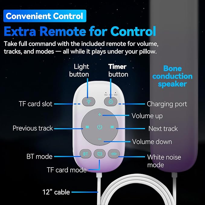 Pillow Speaker with Remote for Sleeping - Bone Conduction Speaker with 36 Built-in White Noise, Silent Bluetooth Speakers Under Pillow, Portable Sleep Bar (with TF Card, Purple to White)
