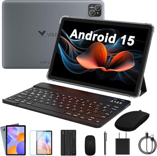 Android 15 Tablet, 10 inch 2 in 1 Tablets with Keyboard Case Stylus Pen, 128GB Octa-Core Processor, 5G Wi-Fi 6, HD IPS Display, Dual Camera, Bluetooth, 8000mAh
