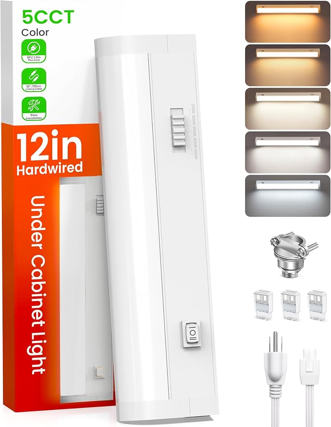 ALUSSO 12 Inch LED Under Cabinet Lighting Hardwired & Plug in 120V, 5CCT Color Selectable 2700K-5000K Dimmable 6W 510LM High Brightness, Strip Linkable Under Counter Lights for Kitchen Sink, 1 Pack