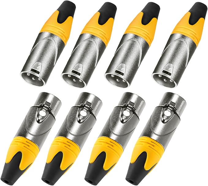 MFL. 3-Pin XLR Cable Connector Male and Female with Nickel Housing and Silver Contacts Mic Cable Plug Connector Audio Socket, Yellow, 4 Pairs