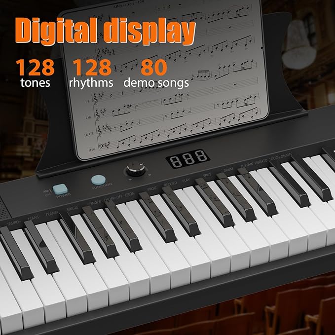 61 Key Portable Electronic Keyboard Piano with Holder,Pedal,Recharge,Note Stickers， for Beginners