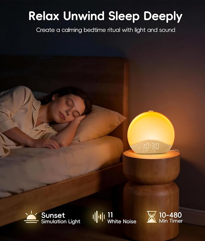 ecozy Sunrise Alarm Clock for Bedroom, White Noise Sound Machine, 26 Soothing Sounds, 17 Night Lights, Bluetooth Speaker, Music-Sync Lights, Wake Up Sunlight for Heavy Sleepers, Adults, Kids - Natural
