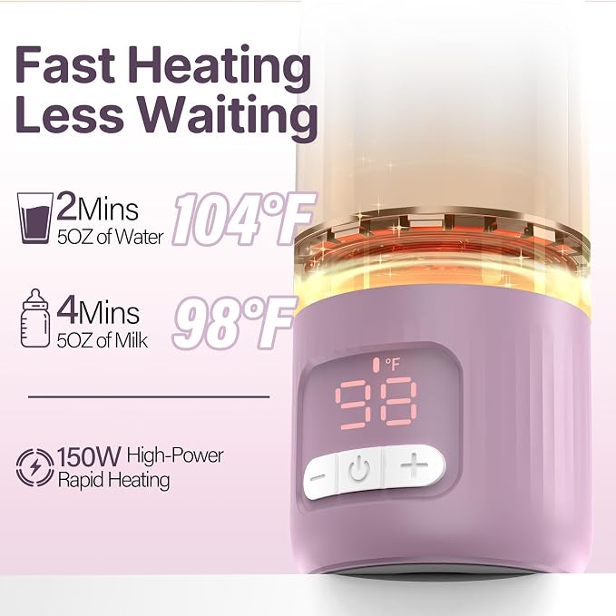 Portable Bottle Warmer for Travel,17 Oz Milk Warmer for Breast Milk/Formula/Water,2 Mins Fast Heating, Built-in Sterilizer, Fast Charge, 8-Temp Control, Precise Temp Control (98°F-212°F)