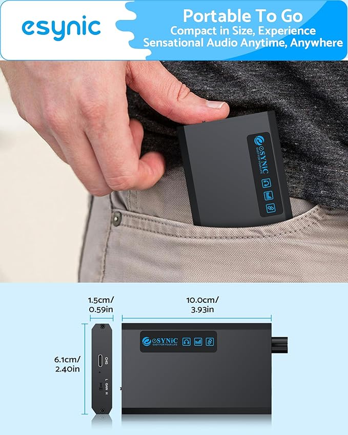 eSynic Bluetooth 5.1 Receiver Headphone Amplifier Portable-1500mAH Rechargeable 3.5MM Headphone Amp-16-300Ω-Two-Stage Gain Switch-Compact-Aluminum Matte Surface-for Phone/Car Aux/CD Players