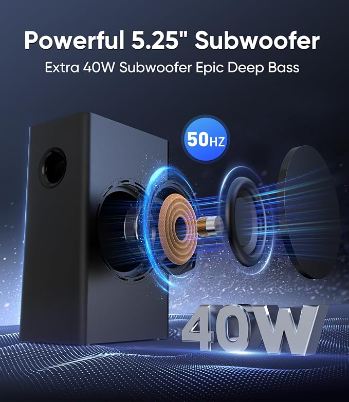 Sound Bar with Wired Subwoofer, 100W 3.1CH Soundbar for Smart TV, Surround Sound Home Theater System, Deep Bass & Crystal-Clear Dialogue, TV-ARC/Optical/AUX/Bluetooth 5.3, for Projector, PC & Gaming