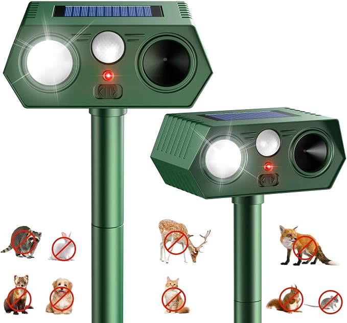 2026 Upgraded Solar Ultrasonic Animal Repellent Outdoor, Deer Repellent Devices Waterproof, Motion Activated Cat Repellent Outdoor, Squirrel Raccoon Skunk Rabbit Dog Bird Deterrents for Yard (2-Pack)