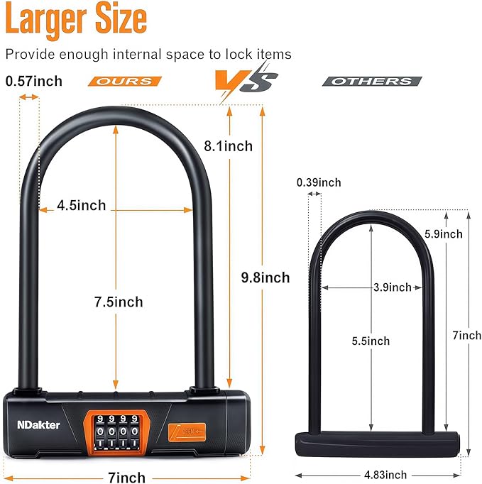NDakter Bike Locks Heavy Duty Anti Theft, Keyless Combination Motorcycle U Lock for Ebike with 4FT x 6mm Chain, 4-Digit Combo Electric Bicycle Wheel Lock for Escooter, Fat-Tire Moped, Dirt-Bike