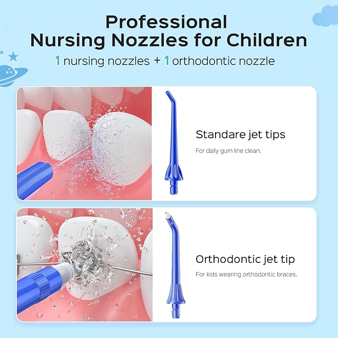 COSLUS C31 Kids Water Dental Flosser Deep Cleaning Picks Portable 4 Modes for Ages 6+ Safe Waterproof Rechargeable with 2 Jet Tips for Gums Care Red Blue