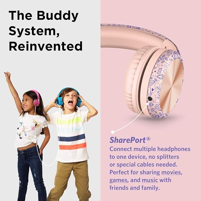 LilGadgets Connect+ Pro Wired Kids Headphones for School with Microphone, Volume Limiting Over-Ear Headset with Cord, SharePort Technology & SoftTouch Padding, Girl Power