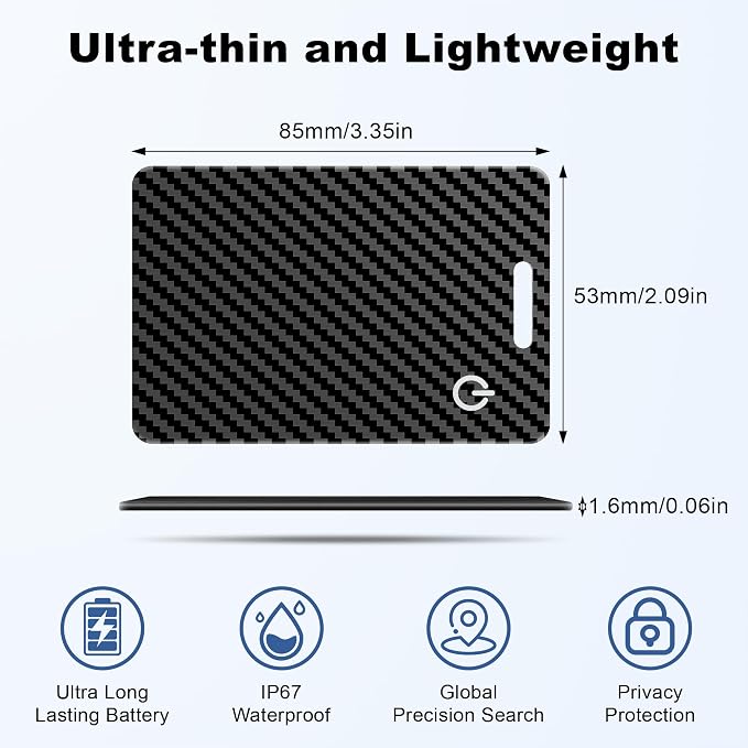 Wallet Tracker Card (iOS Only), Rechargeable Smart Card Wallet Tracker Works for Apple Find My, Thin Bluetooth Tracking Card GPS Tracker, Key Finder for Keys, Bags, Passport, Carbon Fiber