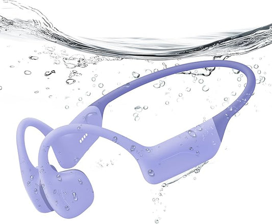 Full-Coverage Liquid Silicone Swimming Headphones, IP68 Waterproof Underwater Headphones, Bluetooth 6.0&MP3 with 32GB Memory Card, Soft/Skin-Comfortable Open Ear Bone Conduction Swim Earbuds(Purple)
