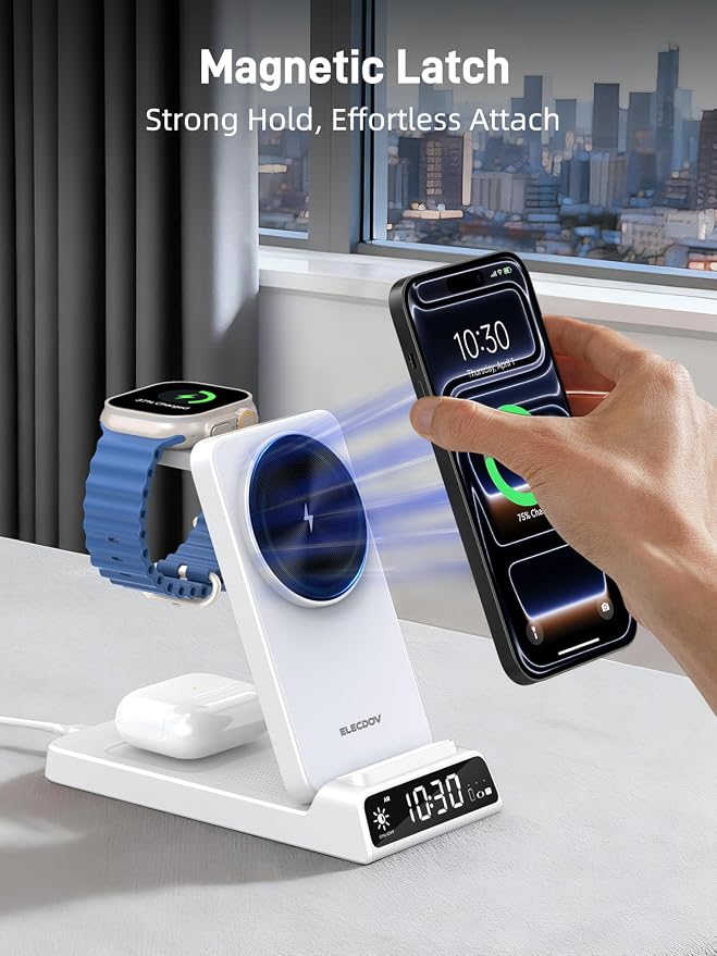 3 in 1 Charging Station for Apple, ELECDOV Magnetic Charger for iPhone, Foldable Wireless Charger with Clock, Travel Watch Charger Stand for iPhone 17/Air/16/15 Series, iWatch 10/AirPods 4 (White)