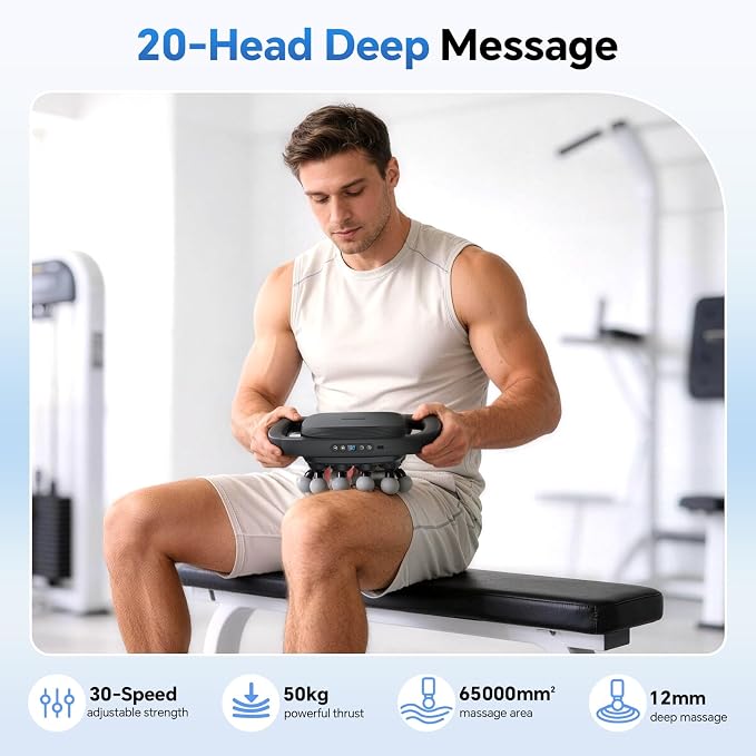 Beown 20 Head Massage Gun Deep Tissue, Fathers Day Dad Gifts, Back Muscle Massager with 3 Modes & 30 Intensity Levels for Legs, Waist, Back, Neck, Portable Percussion Massage Gun for Pain Relief