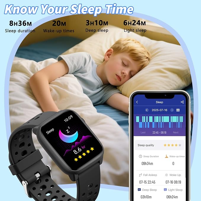 Kids Smart Watch with Puzzle Games, 1.83" Kids Watches Heart Rate, Sleep Monitor, Pedometer, Alarm Clock, Flashlight, Gift for 6-16 Year Old Boys Girls Toys (Black)