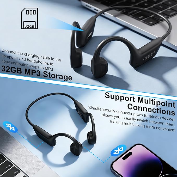 Swimming Headphones Underwater, Bone Conduction Swimming Headphones IPX8 Waterproof Open Ear Headphones with 32GB Built-in MP3, Bluetooth 6.0 Dual Mode, Dual Device Pairing, Magnetic Charging(Black