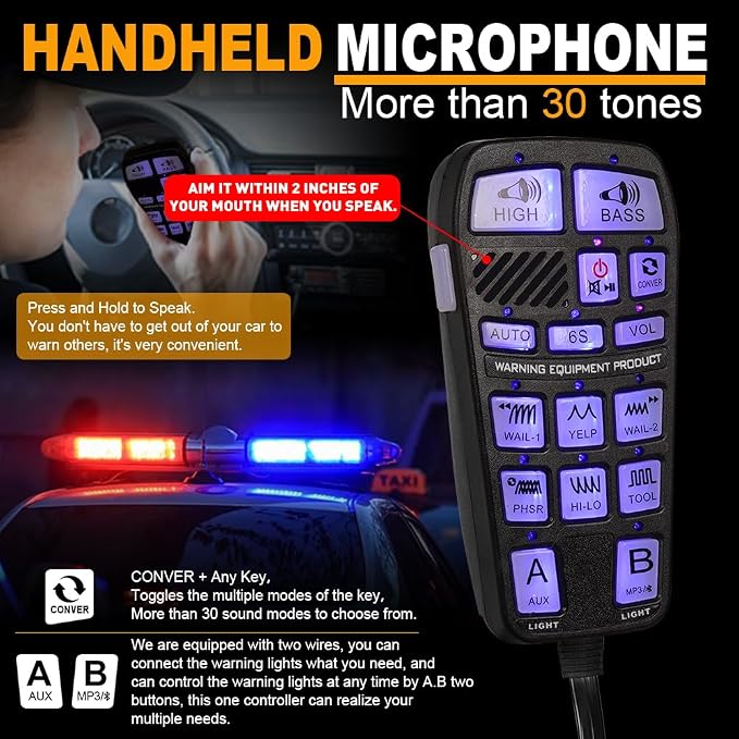 Emergency Police Siren 200W Multi-Tones PA System Slim Speaker Sirens with Handheld Controller & Mic Microphone Warning Electronic Alarm Horn Kit for Tow Truck Car Vehicles Pickup UTV ATV POV RV