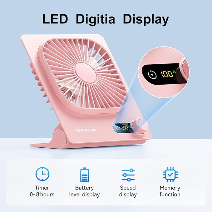 GOCKERA Desk Fan, 6.61''Ultra-thin Battery Powered Fan with Powerful Wind,100 Speeds Adjustable&Digital Display,Timer,Ultra-quiet Small Portable Fan for Bedroom,Office,Travel (Pink, 2000mAh)