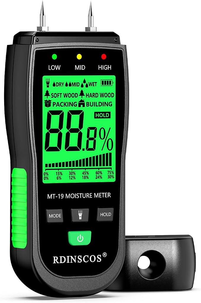 RDINSCOS Wood Moisture Meter for Hardwood and Softwood | Replaceable Pin Moisture Tester with Batteries