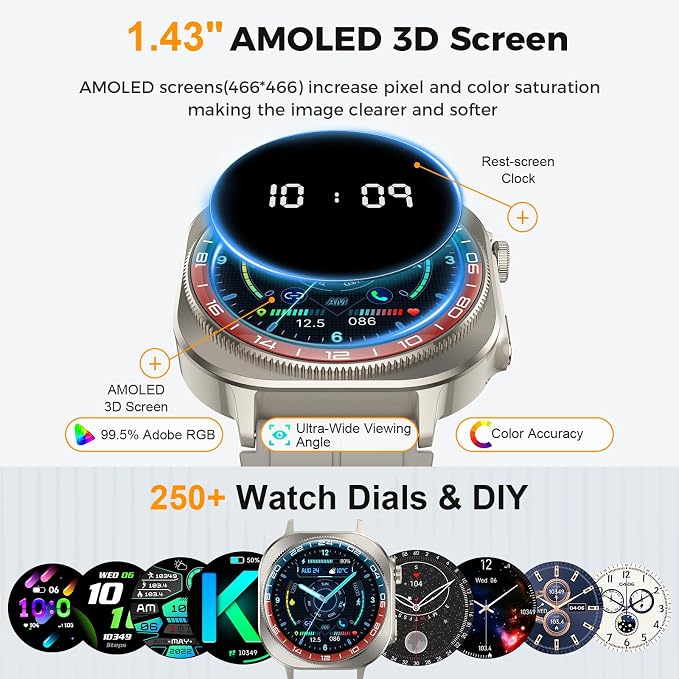 Smart Watch (Answer/Make Call), 1.43" AMOLED-3D Military Smartwatch for Men Women, Flashlight/130+ Sports/60 Days, Heart Rate/Sleep Monitor, IP68 Waterproof Fitness Activity Tracker for Android iOS