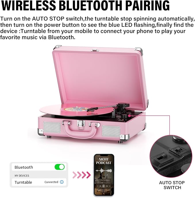 Vinyl Record Player 3-Speed Bluetooth Suitcase Portable Belt-Driven Record Player with Built-in Speakers RCA Line Out AUX in Headphone Jack Vintage Turntable,Pink