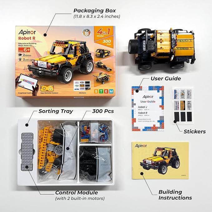 Apitor Robot R 4-in-1 Robot Building Kit, APP Remote Control STEM Coding Toys, Educational Gifts for Boys Girls Kids Ages 6-12, 4 Control Modes (300 Pieces)