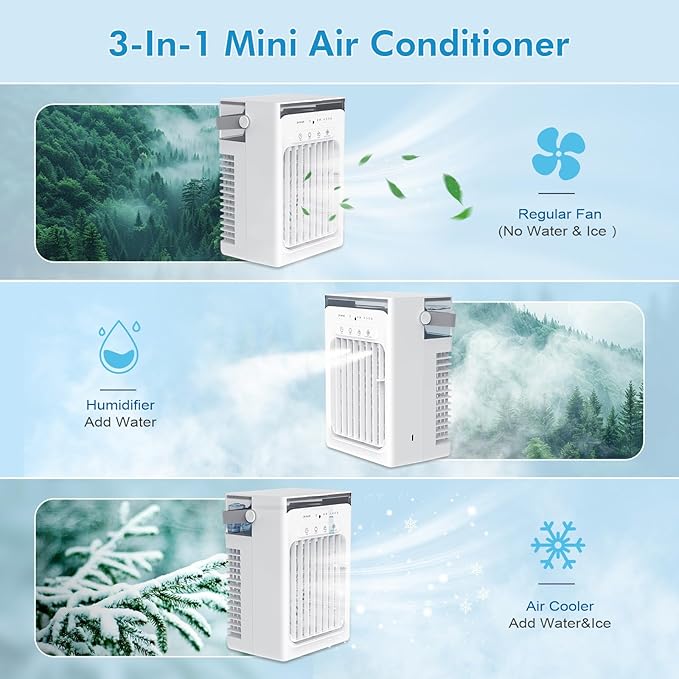 Portable Air Conditioners, 3-in-1 Portable AC Unit, Personal Mini Air Conditioner With 1000ml Water Tank, 2/4/6H Timer, USB Charging Small Cooling Fan (Include 5V 2A Adapter) For Indoor Office Bedroom